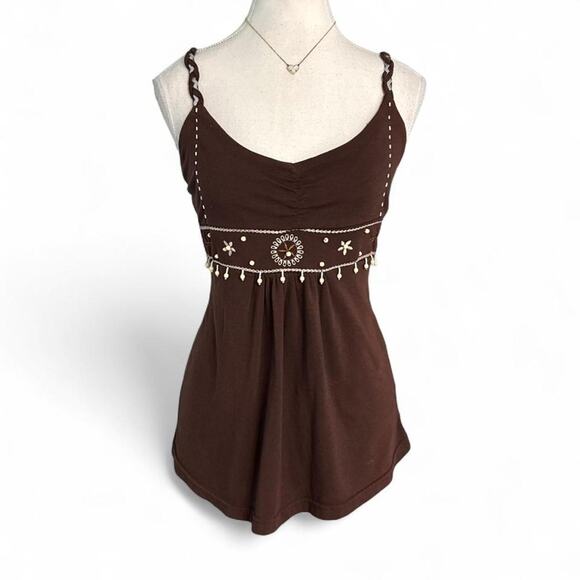 Cache Tops - Brown babydoll top with white beaded details and adjustable straps Size M 2000s